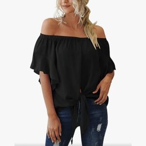 Black Off Shoulder Bell Sleeve Tie Front Blouse Flowy Romantic Boho Chic Top M